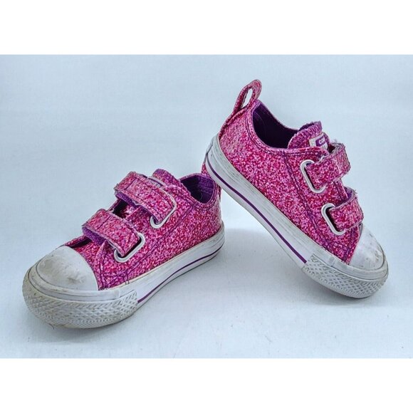 CONVERSE All Star Girls Shoes Hook & Loop Pink Coated Canvas Glitter Size 4 - Picture 1 of 10